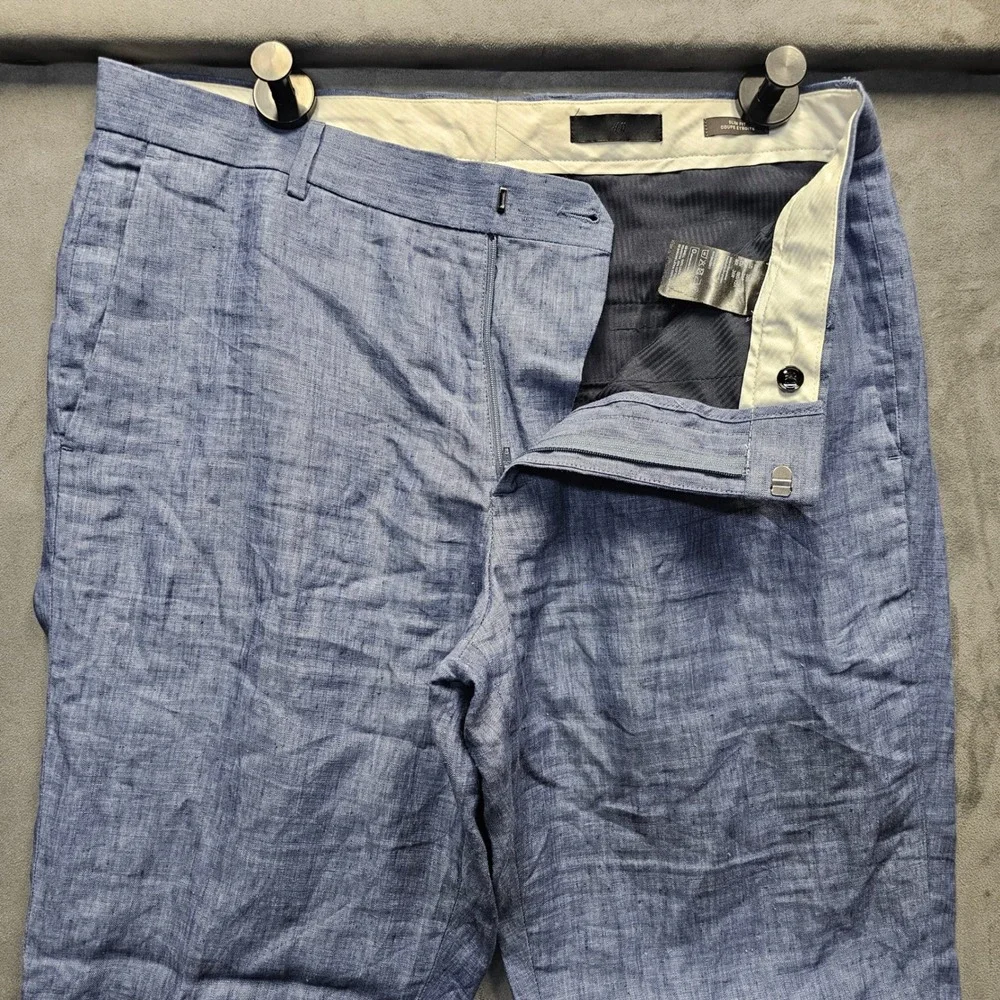 H&M Mens Blue 100% Linen Slim Fit Trousers Dress Pants Size 36R